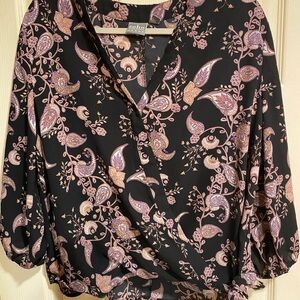 Soho Black Paisley Wrap Blouse with Pink & Gold Accents